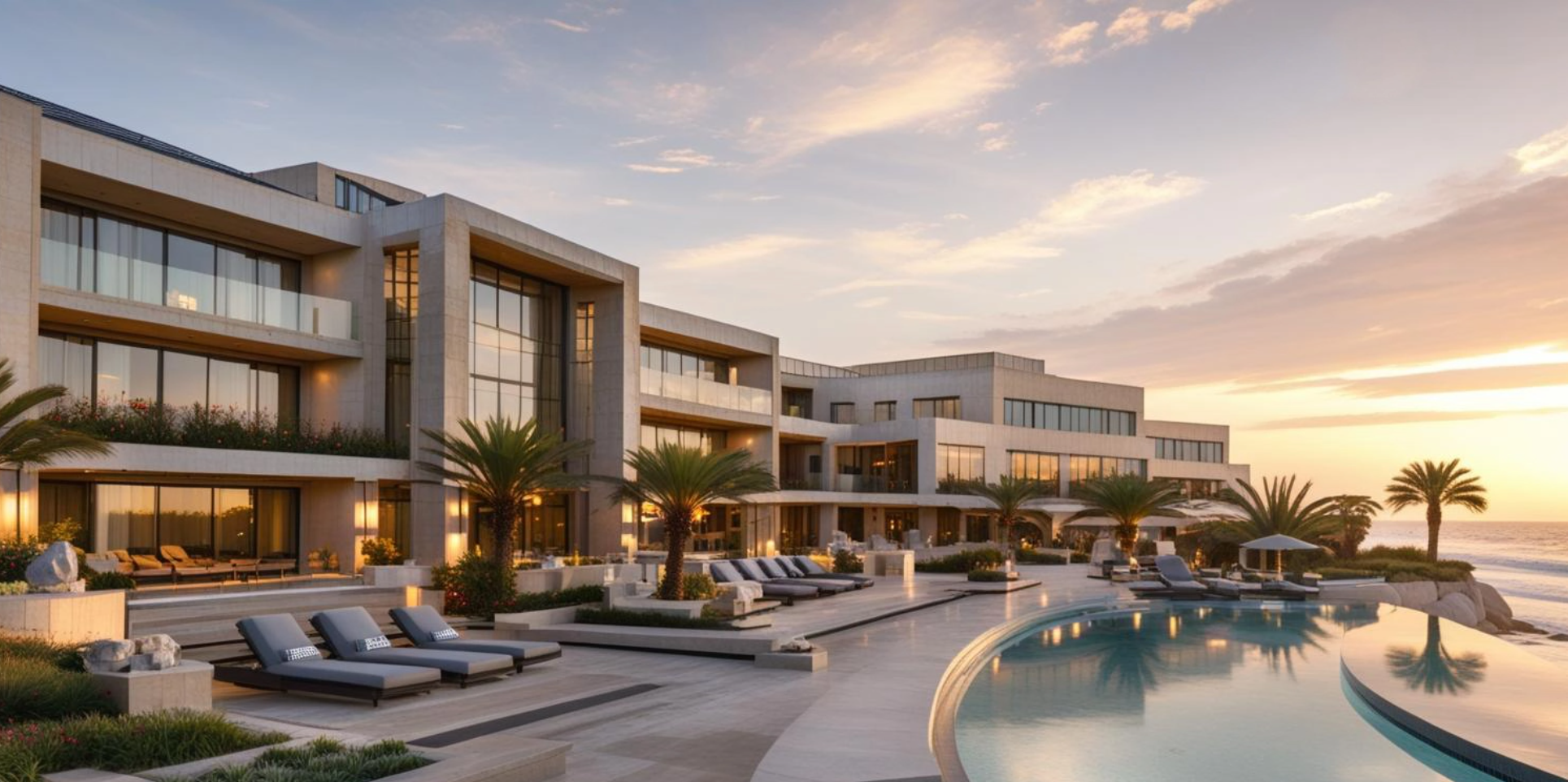 Luxury facility exterior at dusk